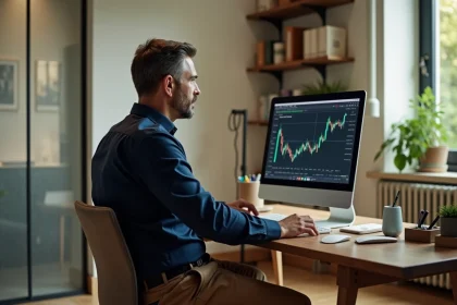 Homme d'âge moyen travaillant sur son ordinateur dans un bureau calme