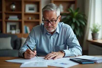 Homme d'âge moyen calculant ses dépenses à la maison