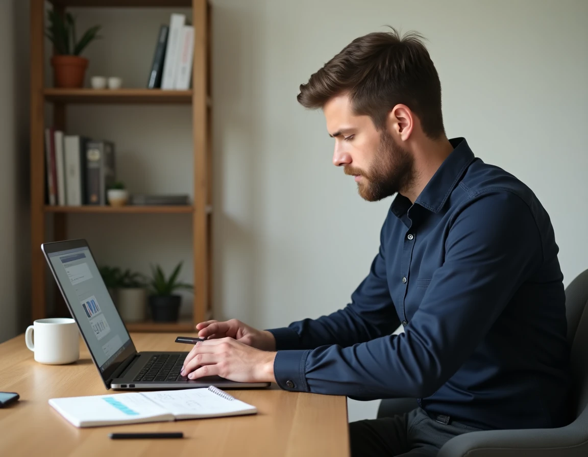 Homme utilisant une calculatrice de retrait bancaire en ligne sur ordinateur portable à son bureau à domicile