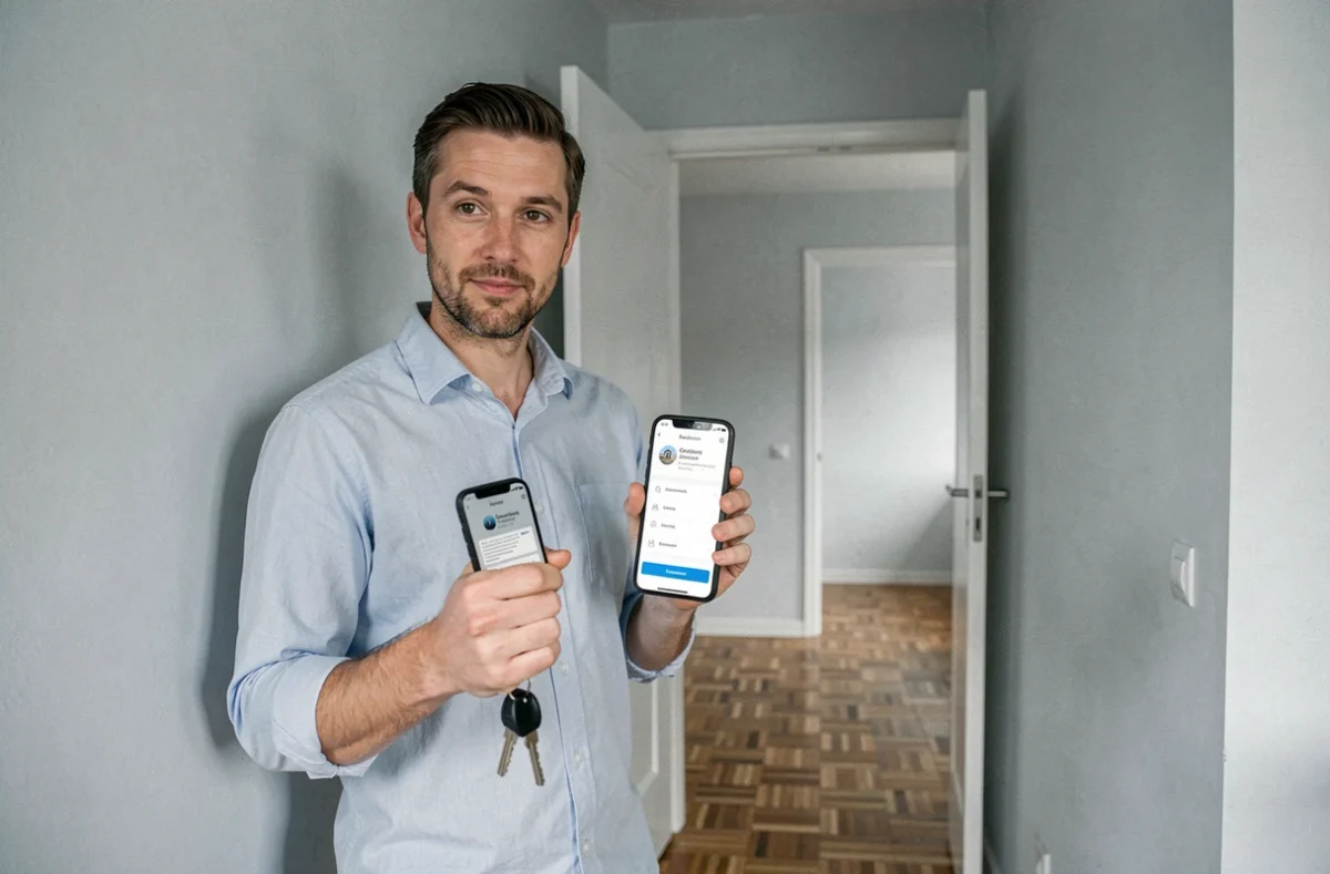 Homme tenant les clés d'un appartement vide et consultant une demande d'APL sur son téléphone lors de son entrée dans les lieux