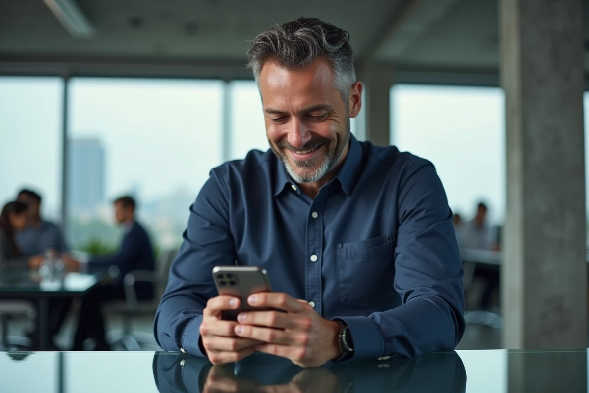 Homme d'affaires recevant une confirmation de paiement de facture en retard sur son smartphone au bureau