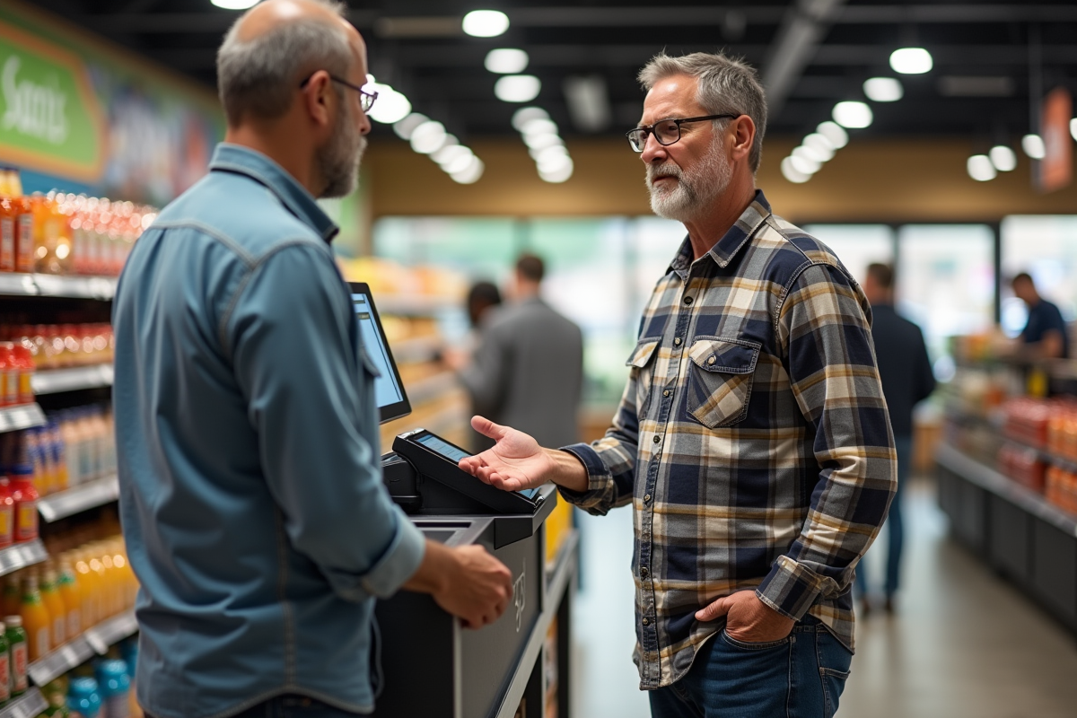 Homme faisant ses courses au supermarché avec terminal