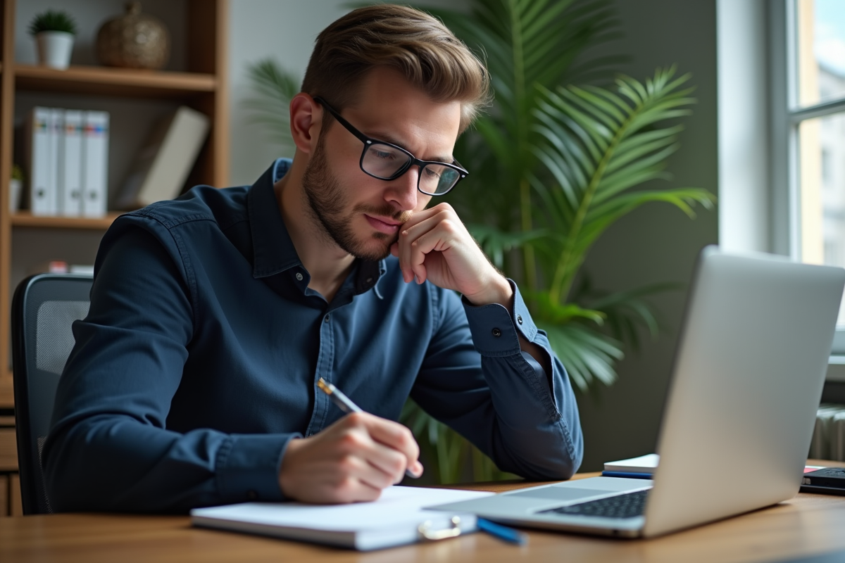 Homme concentré analysant des graphiques crypto au bureau