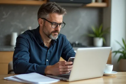 Homme en cuisine moderne utilisant son ordinateur portable