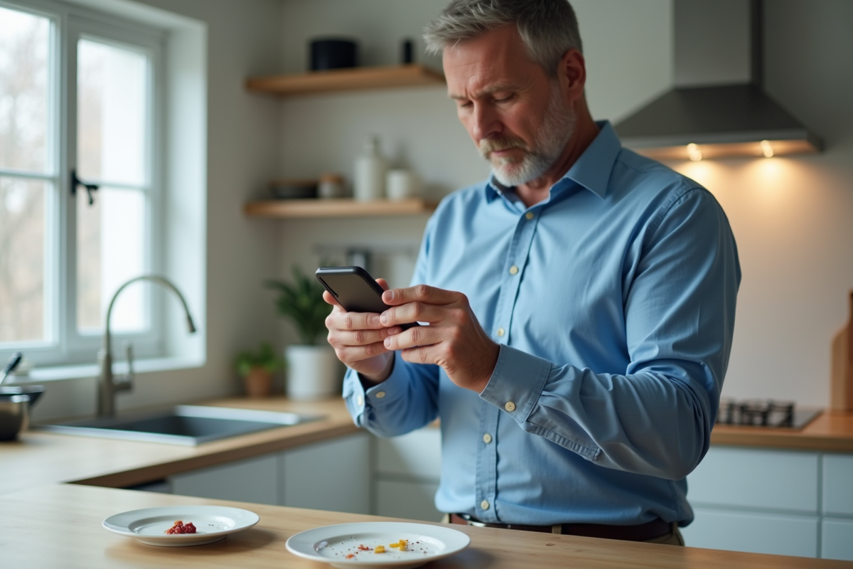Homme prend en photo une assiette cassée dans une cuisine moderne