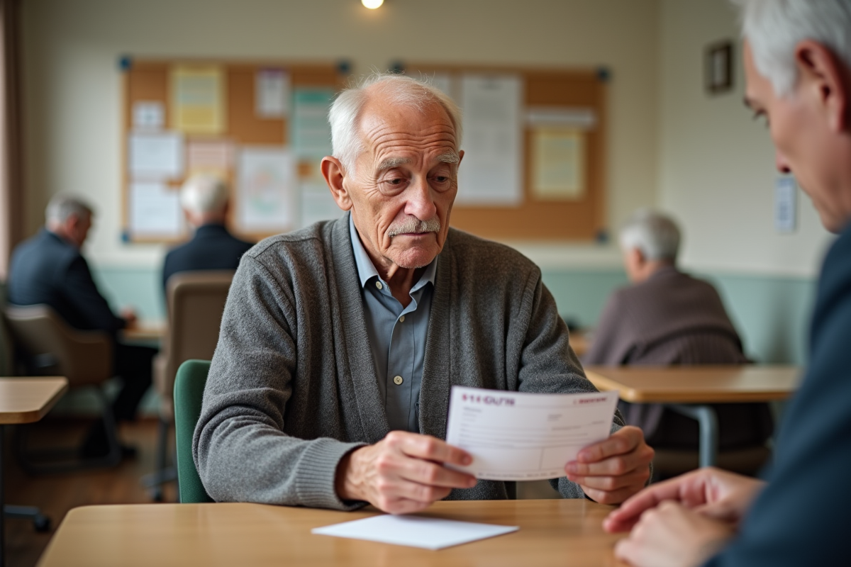 Homme âgé examinant un cheque de 100 euros au centre communautaire