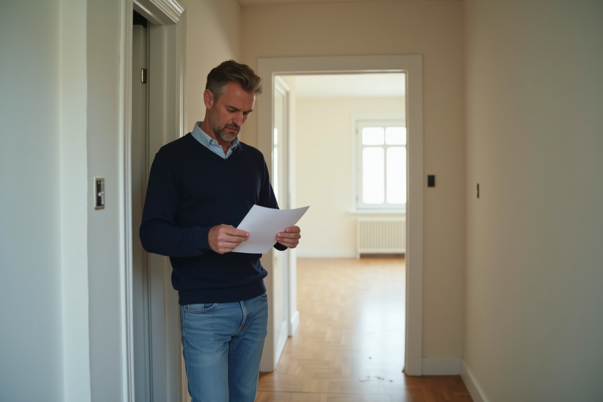 Homme d'âge moyen examinant du courrier dans une entrée vide
