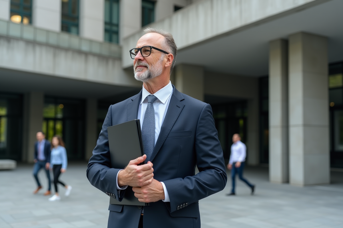 Homme en costume devant un bâtiment gouvernemental moderne
