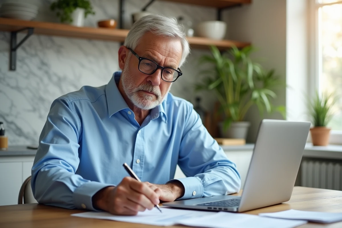 Homme d'âge moyen étudiant des documents financiers dans une cuisine lumineuse