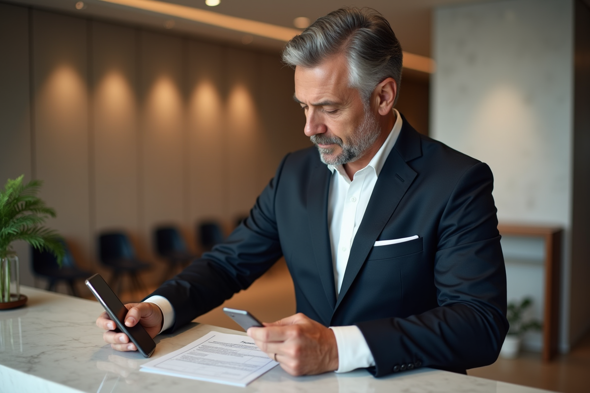 Homme remplissant un formulaire bancaire avec son smartphone au comptoir