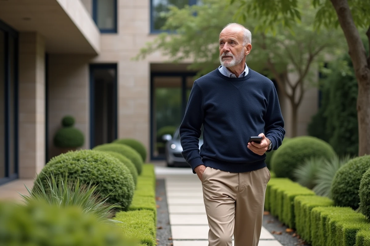 Homme français en promenade dans un jardin privé