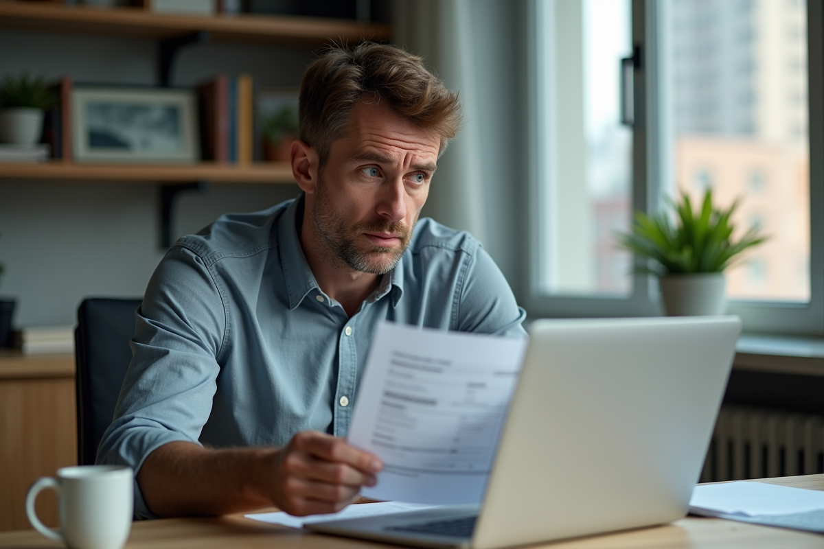 Homme inquiet examinant un document officiel dans un bureau