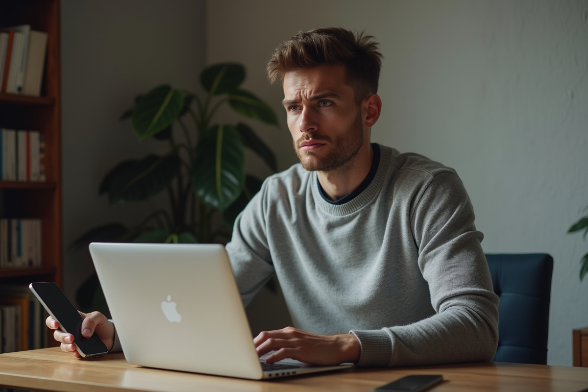 Homme inquiet utilisant son ordinateur et smartphone à la maison
