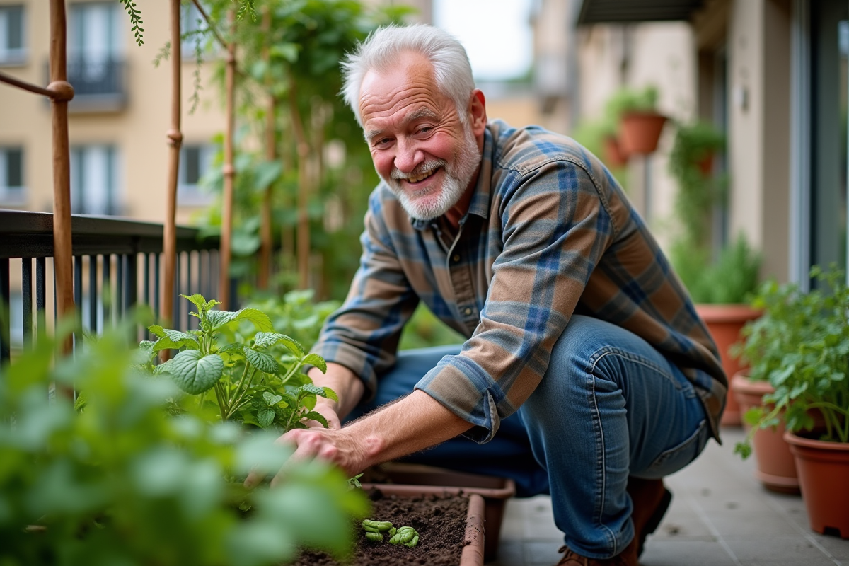 Homme âgé cultivant ses plantes sur un balcon urbain