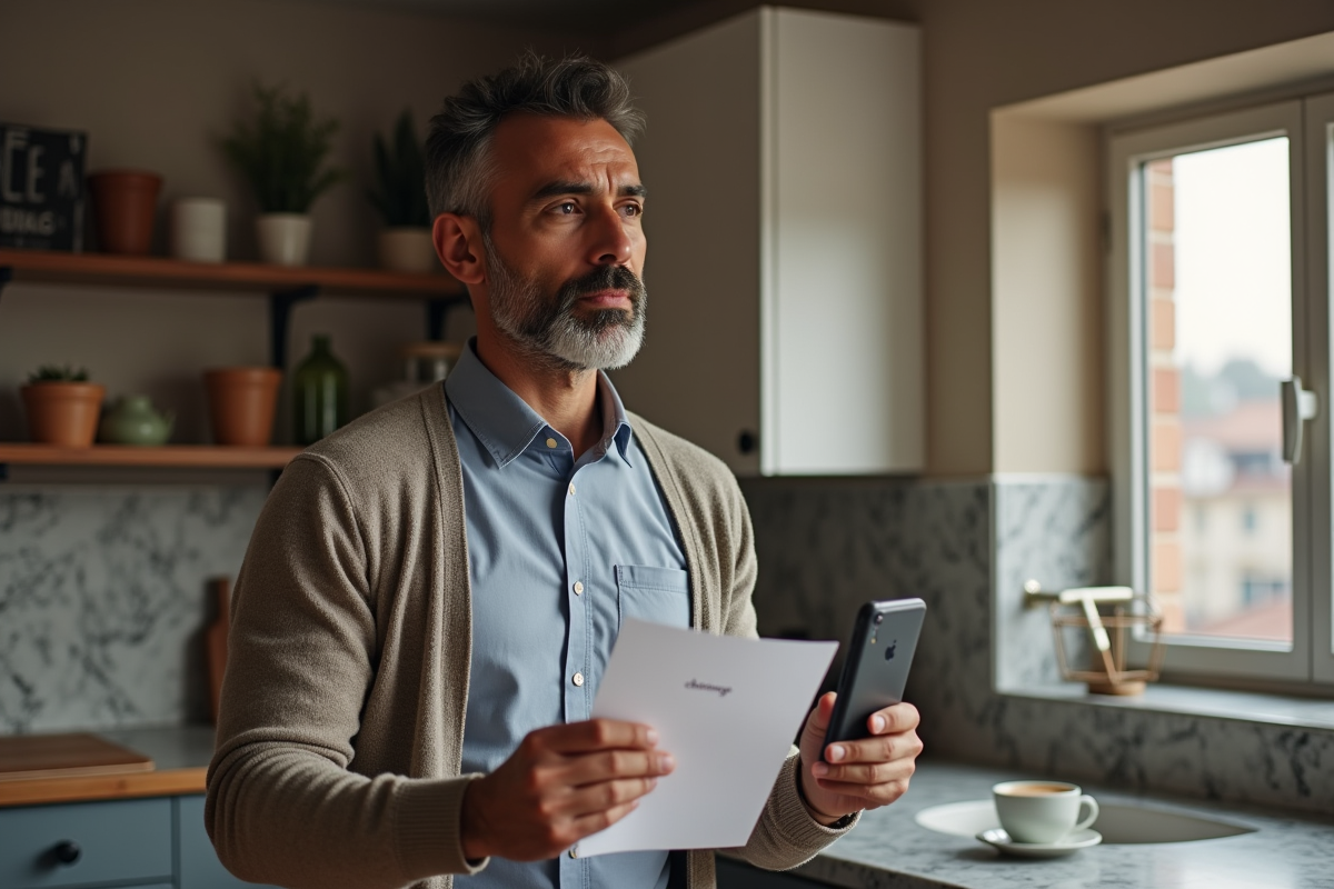 Homme pensif tenant une lettre de chômage dans sa cuisine chaleureuse