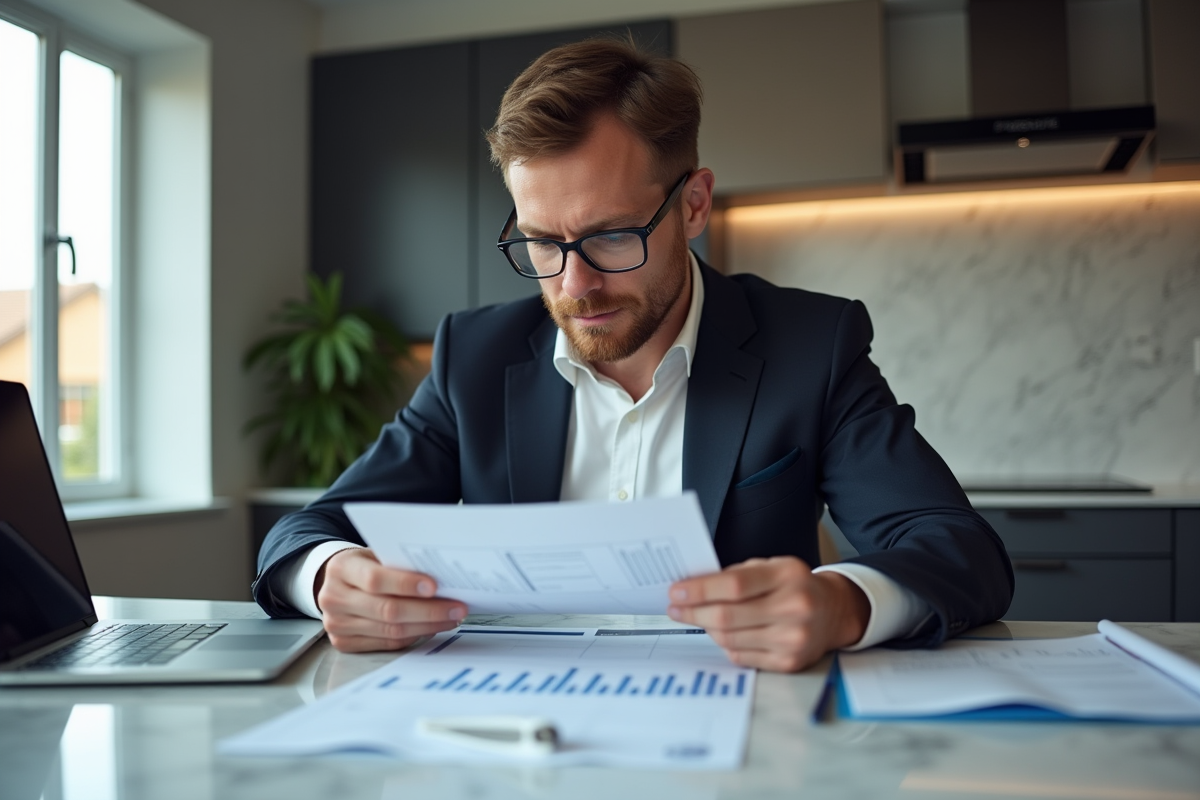 Homme d'affaires lisant des documents de prêt immobilier