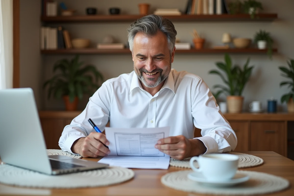 Homme d age lit un plan comptable à la maison