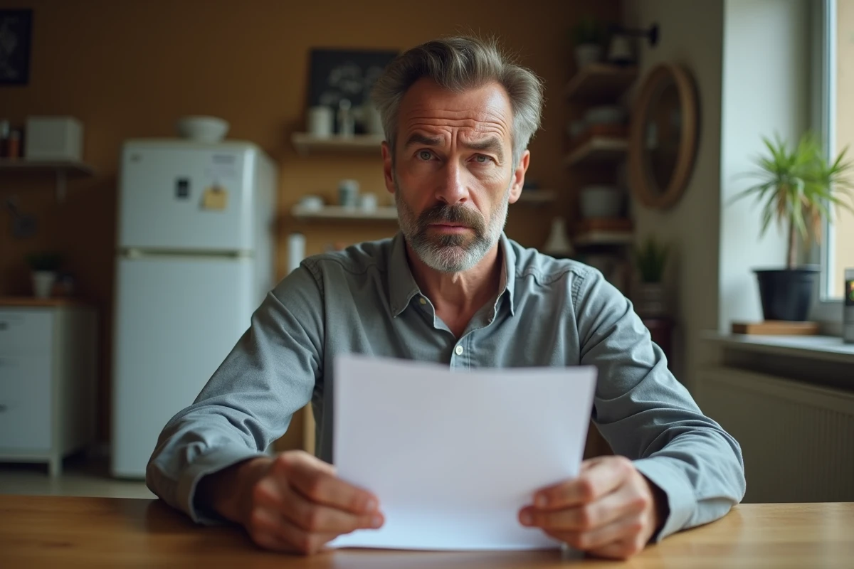 Homme inquiet lisant une lettre de créances publiques à table dans un appartement