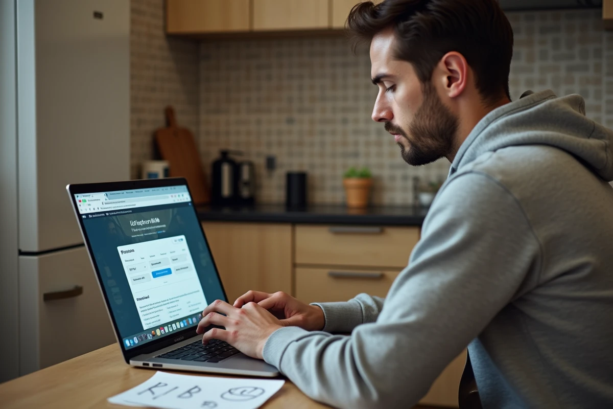 Jeune homme modifiant son RIB sur le portail en ligne France Travail depuis son appartement
