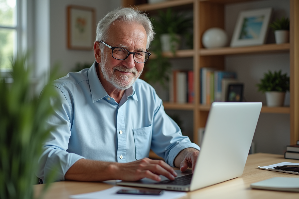 Homme d'un certain âge travaillant sur un ordinateur dans un bureau lumineux