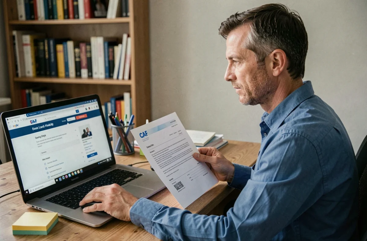 Homme consultant un site bancaire avec un document CAF pour suivre un virement en attente