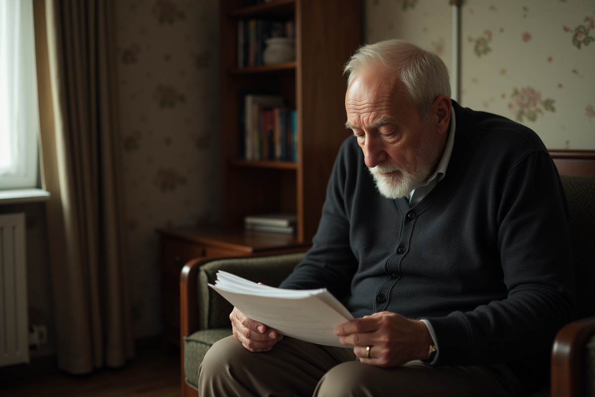 Homme age lisant des papiers dans un salon