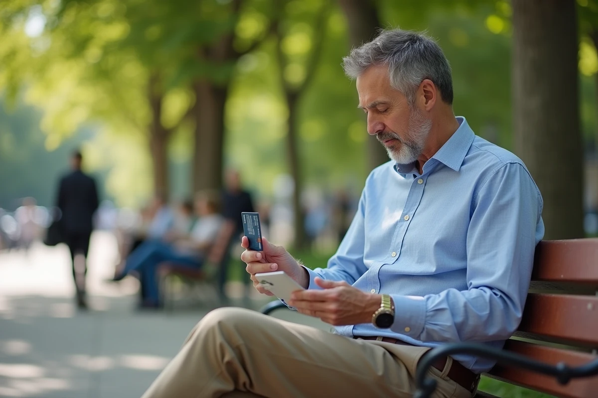 Homme d age dans un parc avec carte Kadéos Infini