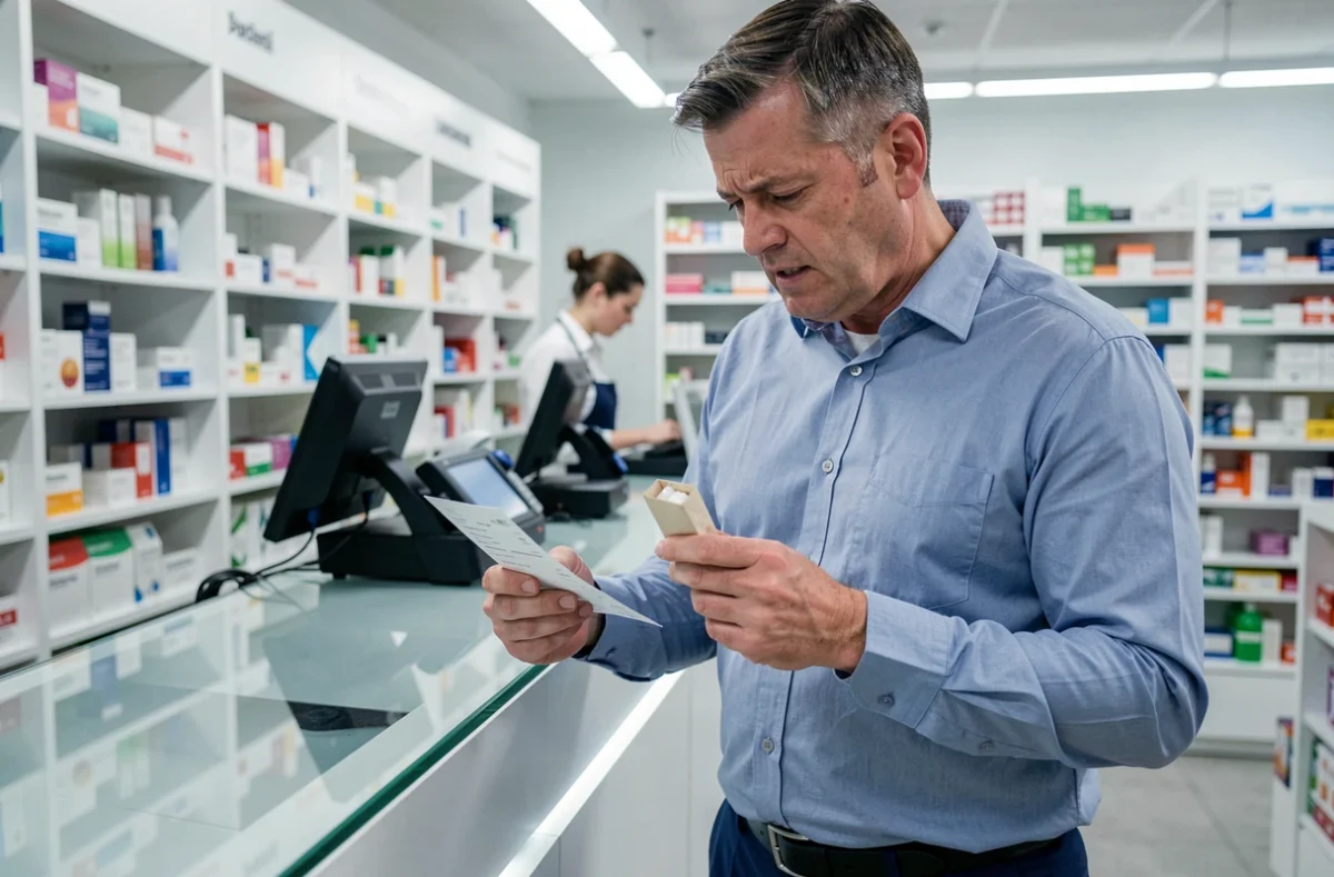 Homme consultant une ordonnance coûteuse en pharmacie sans mutuelle