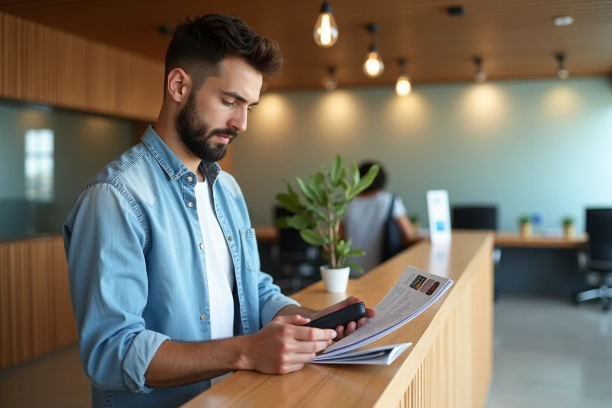 Homme examine brochures dans une agence bancaire chaleureuse