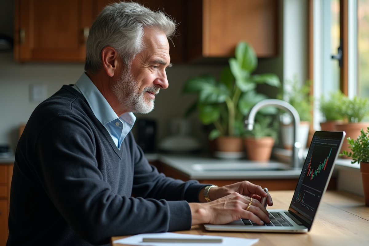 Homme d âge moyen analysant des graphiques financiers à la maison