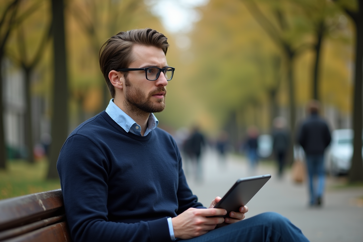 Homme assis dans un parc avec une tablette en main en pleine réflexion