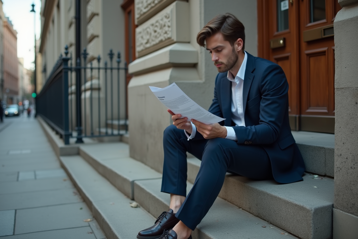 Jeune homme assis sur les marches avec lettre de refus de prêt