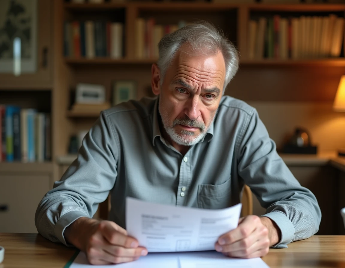 Homme d'âge mûr examinant un relevé bancaire avec une ligne de prélèvement ADIS incomprise