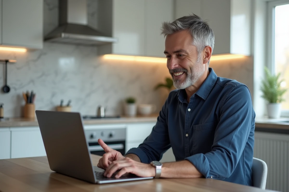 Homme effectuant une démarche de résiliation d'assurance en ligne depuis sa cuisine moderne
