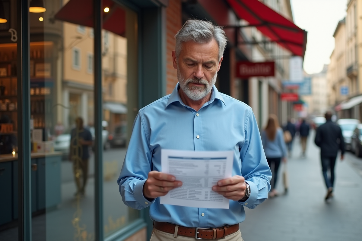 Homme d affaires vérifiant un rapport financier devant sa boutique