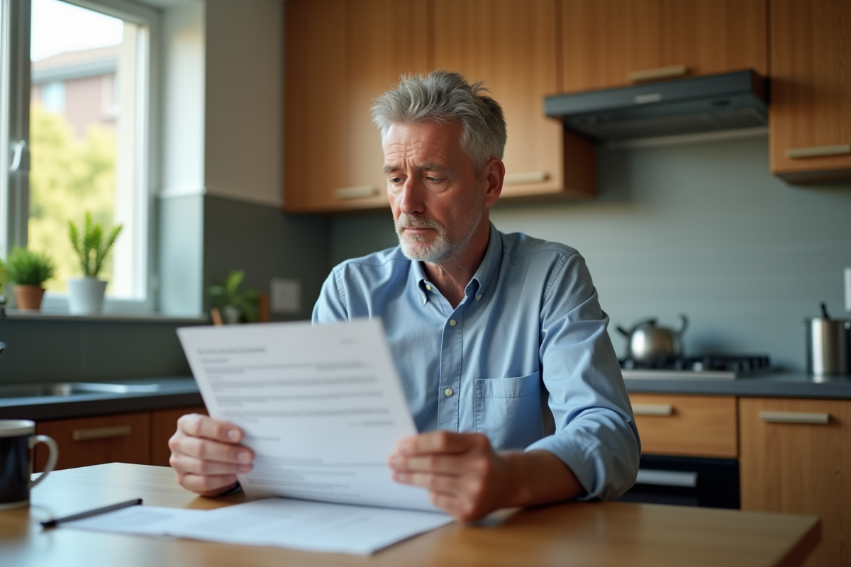 Homme d'âge moyen lisant une lettre d'impôts municipaux à la maison