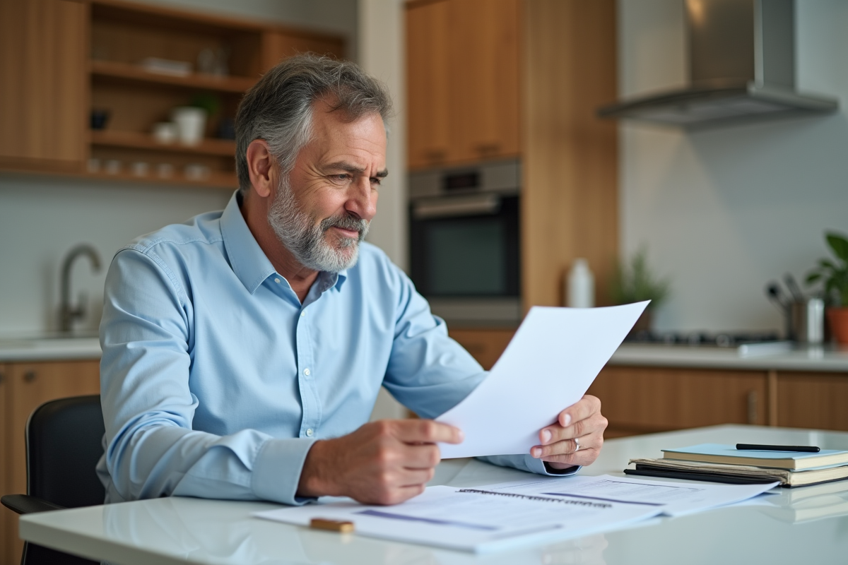 Homme d'âge moyen examine documents de location dans une cuisine moderne