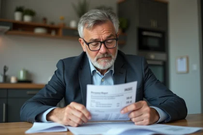 Homme d'âge moyen examinant un rapport d'inflation et factures