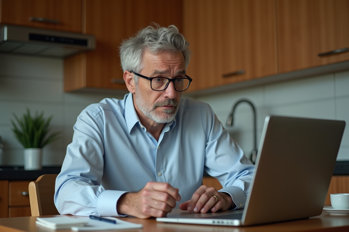 Homme sceptique avec ordinateur dans une cuisine chaleureuse