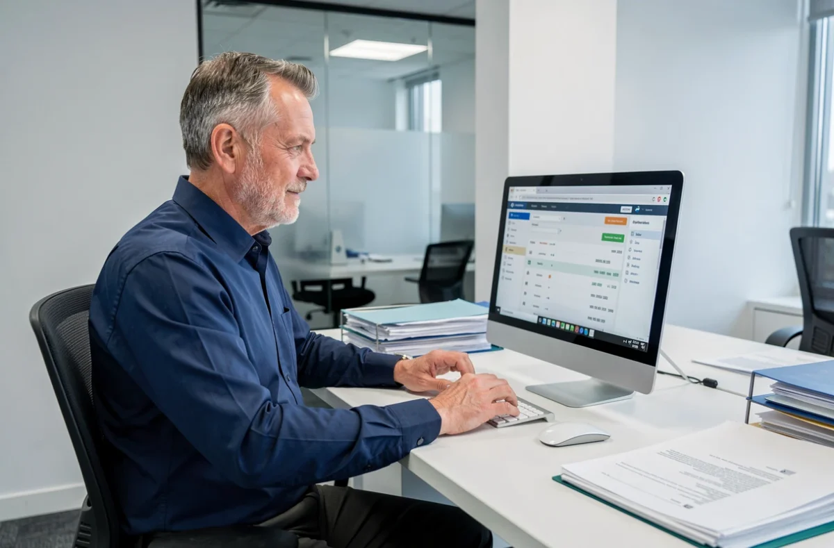 Homme senior gérant son compte Carpimko en ligne dans un bureau professionnel moderne