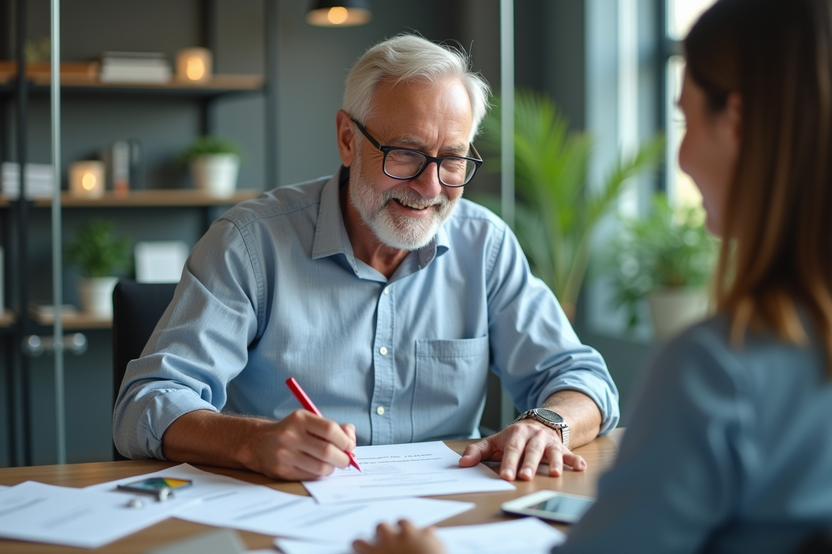 Homme âgé signe un formulaire de retraite en bureau professionnel