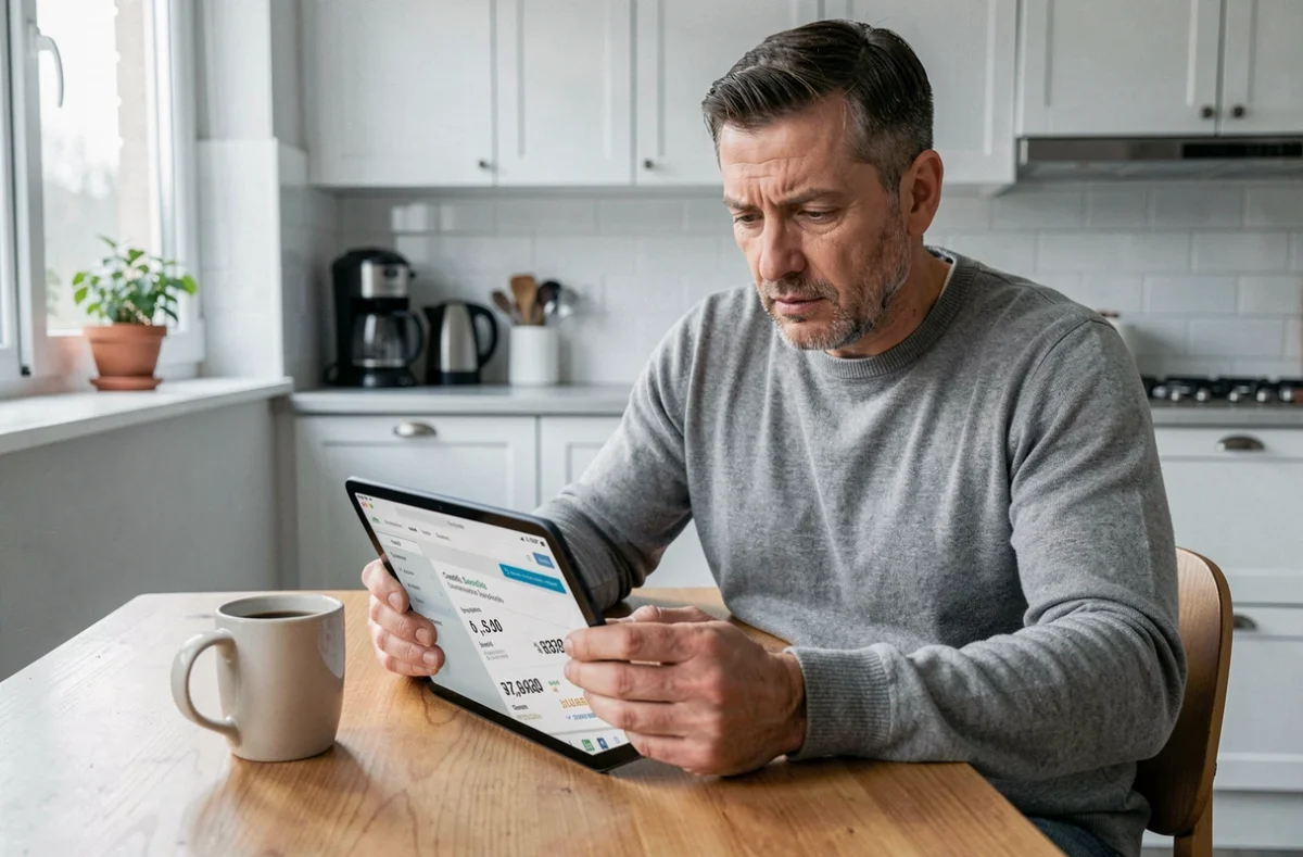 Homme utilisant une tablette pour simuler un crédit en ligne dans une cuisine moderne