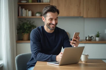 Homme souriant utilisant son smartphone dans une cuisine moderne