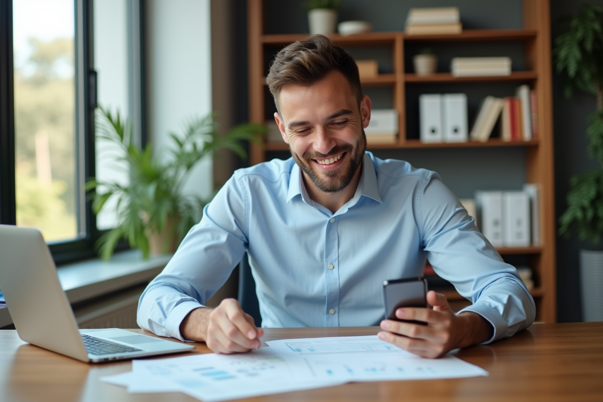 Homme souriant en bureau moderne avec documents financiers