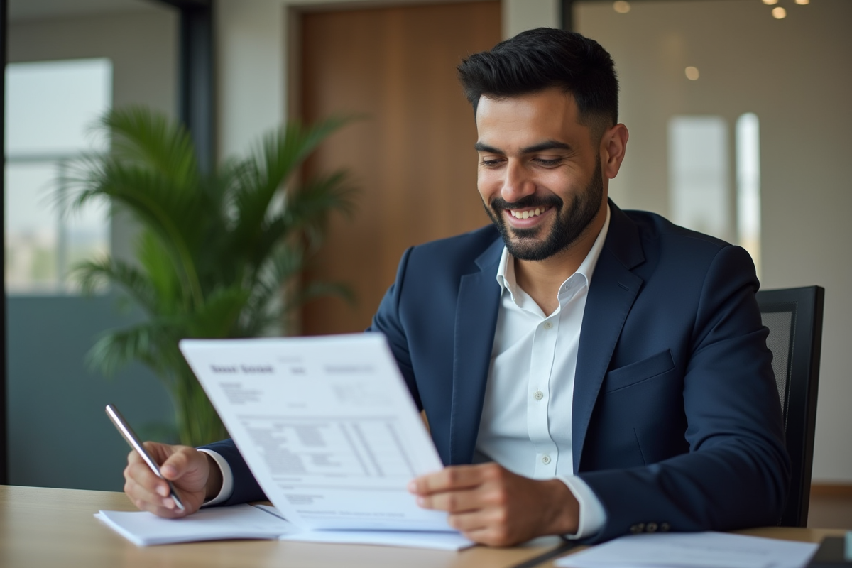 Homme sud-asiatique en costume bleu examine un rapport de credit