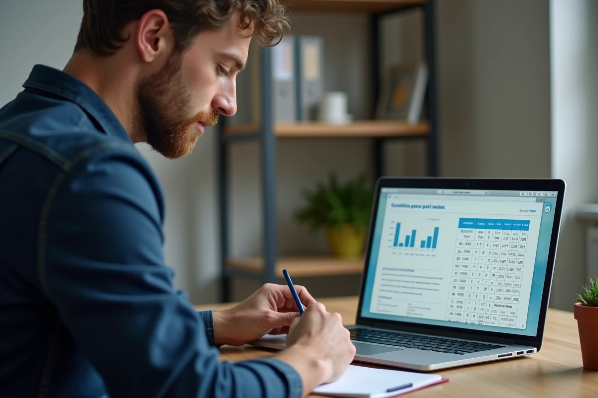 Homme consultant le tableau des gains EuroMillions Etoile Plus sur un ordinateur portable dans un bureau à domicile