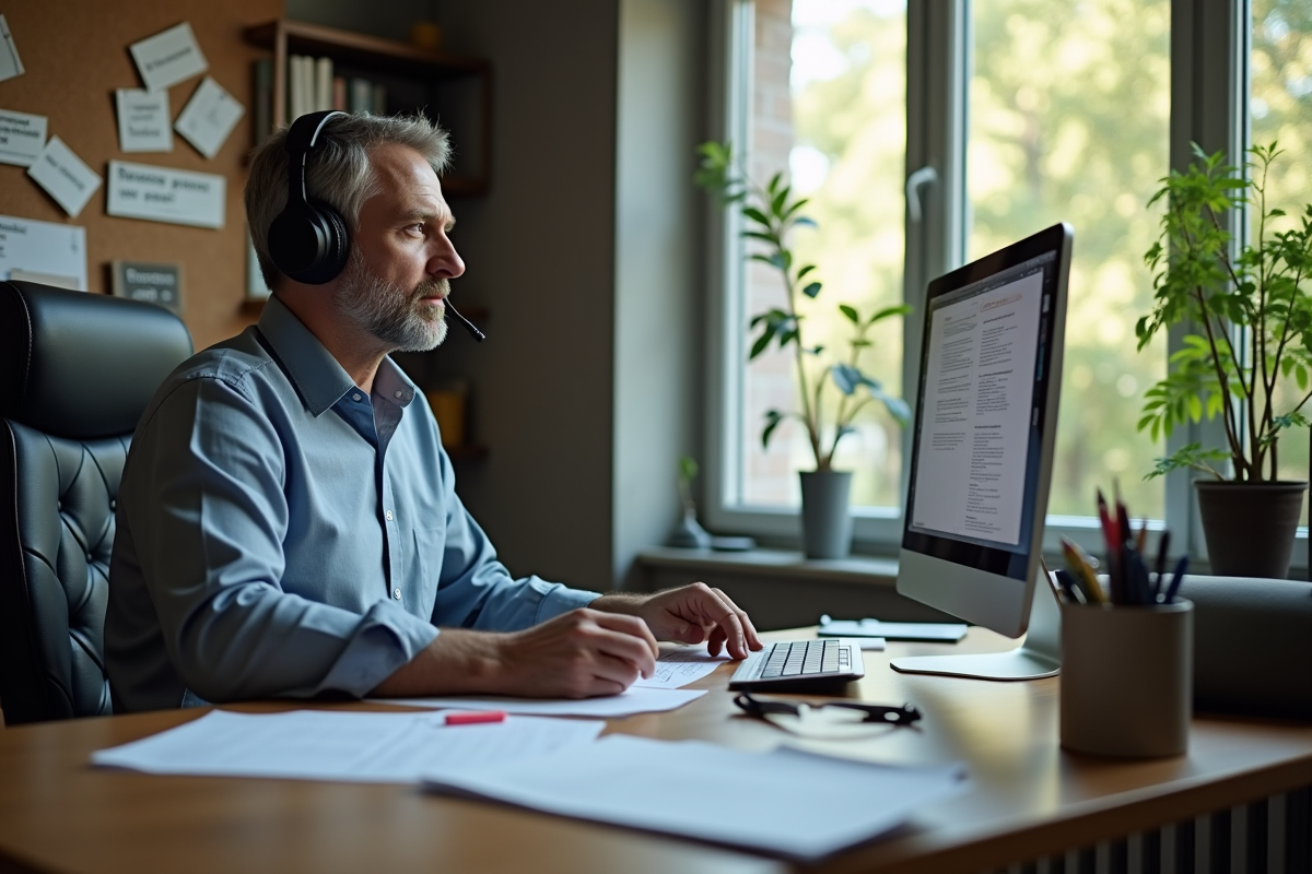 Homme concentré transcrivant audio dans un bureau calme