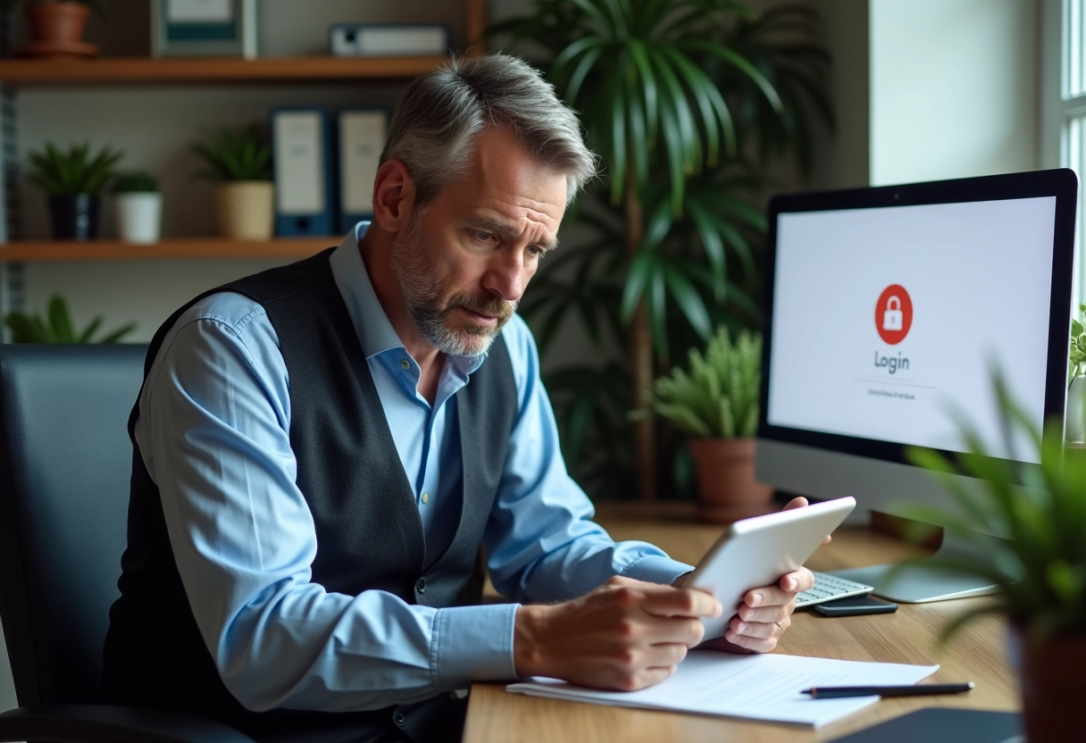 Homme d age moyen regardant son tablet au bureau à domicile