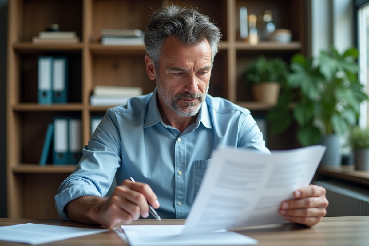 Homme d'âge moyen travaillant à son bureau en milieu moderne