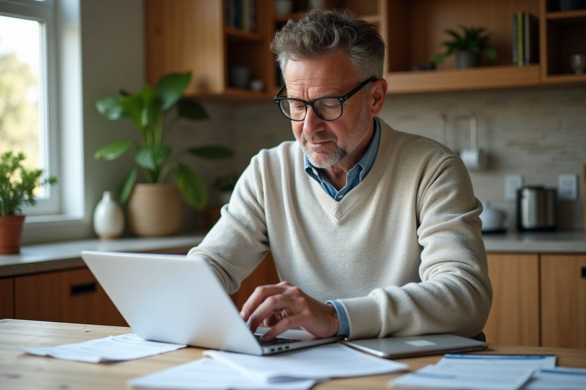 Homme d'âge moyen travaillant sur des documents immobiliers dans une cuisine lumineuse